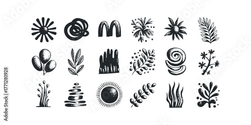 Collection of hand-drawn natural and abstract shapes