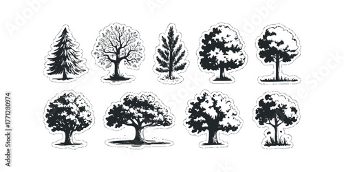 Collection of diverse trees in silhouette style