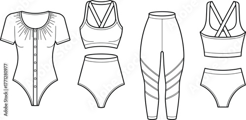 Women activewear flat sketch, sports bra, high waisted leggings, briefs, bodysuit, garment CAD drawing, apparel design vector, clothing technical illustration