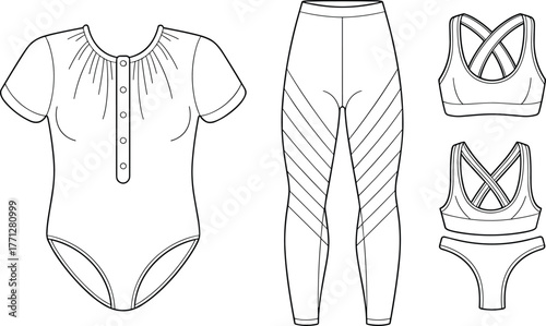 Women fashion flat sketch, bodysuit, high waisted leggings, racerback sports bra, bikini underwear, garment CAD drawing, apparel design vector illustration