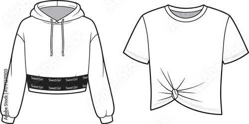 Women fashion flat sketch, cropped hoodie, drawstring hood sweatshirt, knot front cropped t shirt, garment CAD drawing, apparel design vector illustration