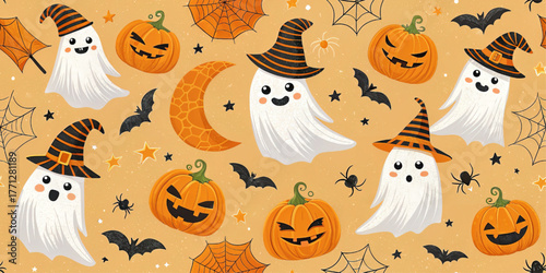 Halloween pattern with ghost in striped witch hat, pumpkin, bat, spiderweb, spider, crescent moon on orange background, spooky festive design, cartoon vector illustration for decor, party, textile.