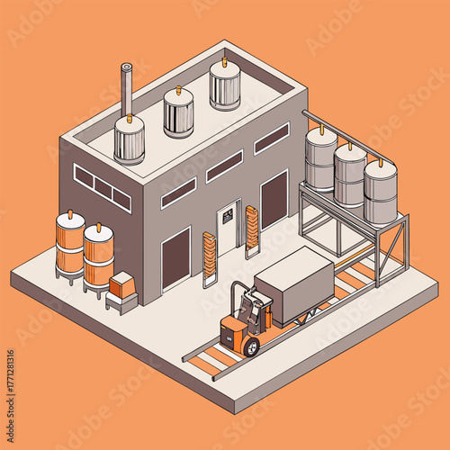 Soft drink bottling plant with robot arms and logistics truck, cola factory manufacturing process, isometric blue isolated vector.