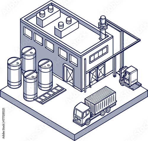 CPG industry beverage production facility with robot arms and transport system, cola factory in blue tone, isometric vector.