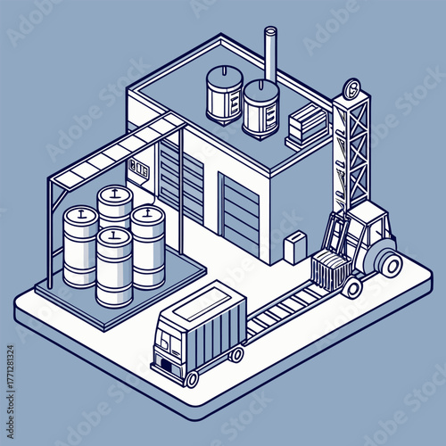 Production of soda soft drink in red cola factory using robotic arms and logistic truck, CPG industry concept, blue color isometric isolated illustration.
