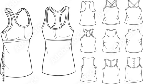 Women fashion flat sketch, racerback tank top, sleeveless tops back design variations, crisscross strap, button back, garment CAD drawing, apparel design vector illustration