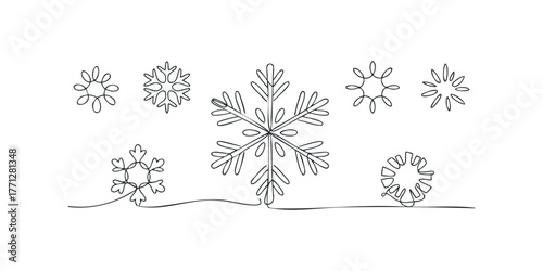 Continuous line drawing of diverse snowflake shapes