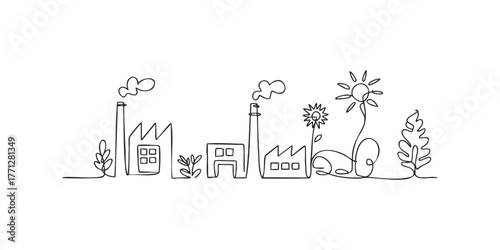 Continuous line drawing of factories with plants and flowers