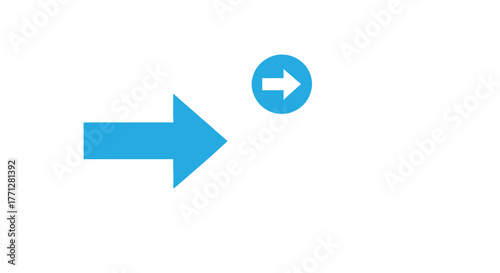 Vector illustration of a vibrant blue arrow pointing right, accompanied by a smaller arrow within a circle, , suggesting direction and navigation