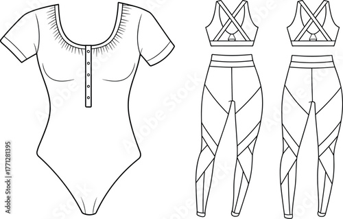 Women fashion flat sketch, short sleeve bodysuit, scoop neck button bodysuit, sports bra with crisscross straps, high waist leggings, garment CAD drawing, apparel design vector illustration