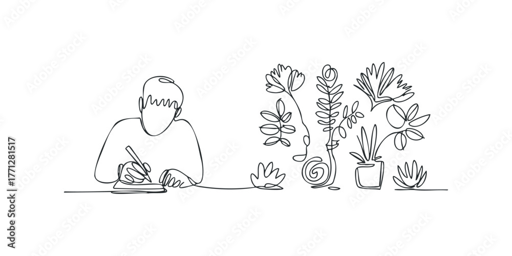 Obraz premium Person writing at desk with potted plants