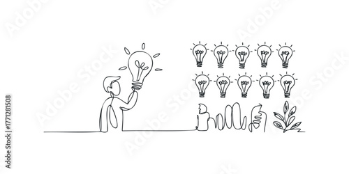 Person holding a glowing idea lightbulb with many other lightbulbs in a row
