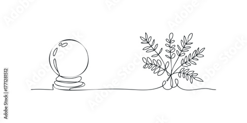 Continuous line drawing of a crystal ball and a plant