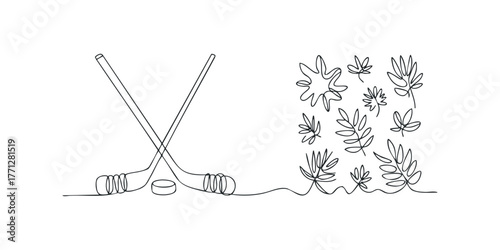Ice Hockey Sticks and Puck with Botanical Outline
