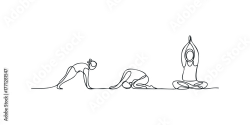 Line art depicts three yoga poses on white background