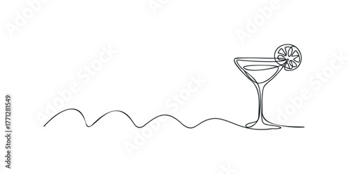 Minimalist single line drawing of cocktail with citrus garnish