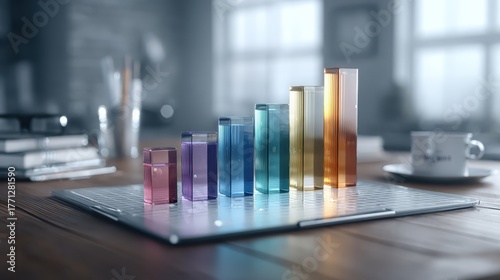 Dynamic business growth analysis modern office photorealistic chart professional environment elevated perspective data visualization insights