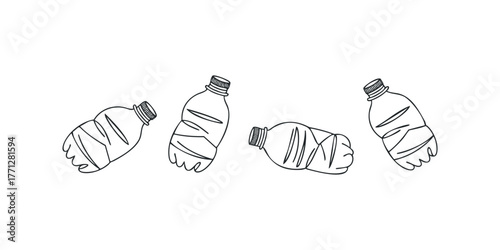 Four Crushed Plastic Bottles Isolated on White Background