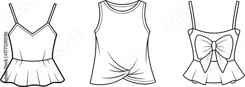 Women fashion flat sketch, spaghetti strap peplum top, sleeveless knot hem tank top, sweetheart neckline bow peplum top, garment CAD drawing, apparel design vector illustration