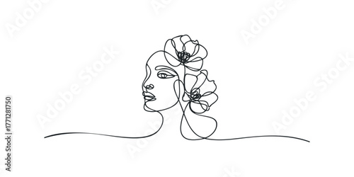 Minimalist one-line drawing of woman face with flowers