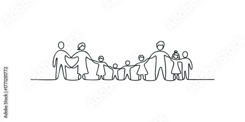 Line art drawing of a diverse family holding hands