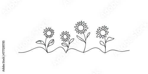Simple line drawing of four sunflowers in a row