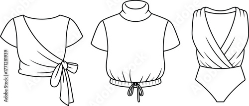 Women fashion flat sketch, wrap bow crop top, mock turtleneck drawstring blouse, sleeveless wrap bodysuit, garment CAD drawing, apparel design vector illustration
