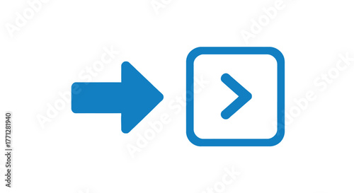 Vector illustration of blue arrow pointing to a square with an arrow inside, represents moving forward, next step, or progression in a clean and simple design