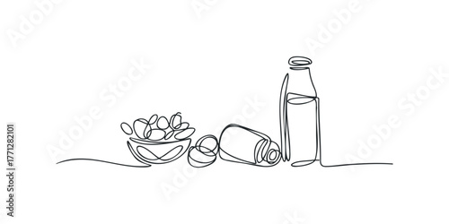 Simple Line Drawing of Fruit Bowl and Bottle