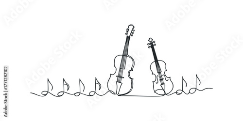 Continuous Line Drawing of Two Violins and Musical Notes
