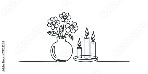 Continuous line drawing of flowers in vase with candles
