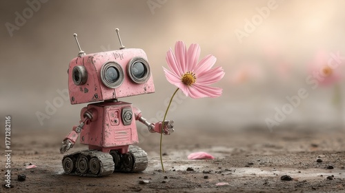 Small robot on tracks holding pink flower on dirt ground