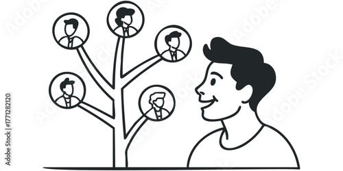 Man smiling at a family tree chart of people