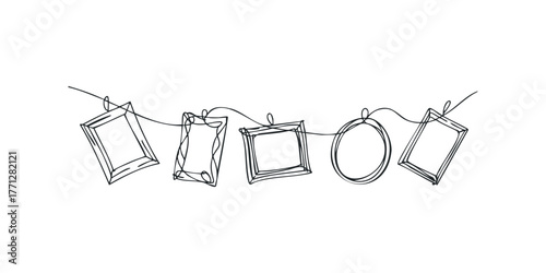 Hand-drawn hanging picture frames on string