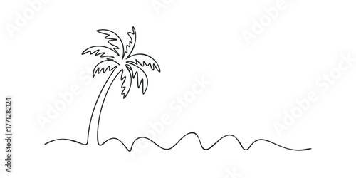 Single line drawing of a palm tree on a wavy shoreline