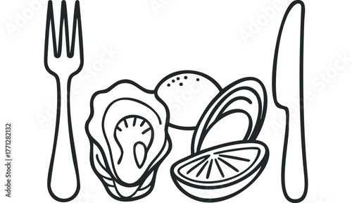 Oyster and Lemon Slice on Table with Utensils