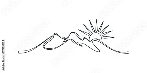 Sunrise over abstract mountains single line drawing