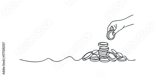 Hand adding coin to stack of money