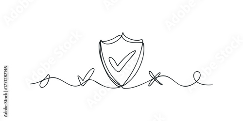 Continuous Line Drawing of a Shield with Check Mark