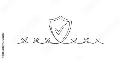 Single Line Drawing of Shield with Checkmark Symbol