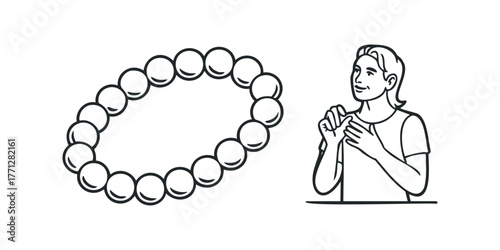 Person holds bracelet with round beads and touches chest