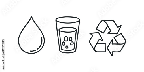 Water droplet glass and recycling symbol icons