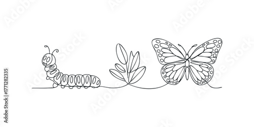 Continuous line drawing of a happy caterpillar transforming into a butterfly