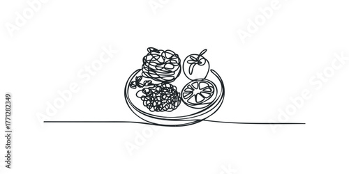 Minimalist Continuous Line Drawing of Spaghetti and Tomato on Plate