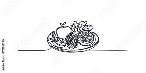 Continuous line drawing of fresh fruit on a plate