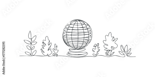 Line globe and abstract plant shapes on white