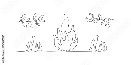 Minimalist line art of fire and leaves on white