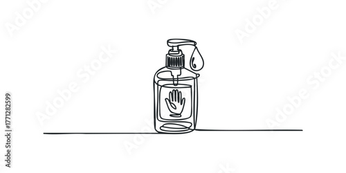 Hand sanitizer bottle with hand symbol line art