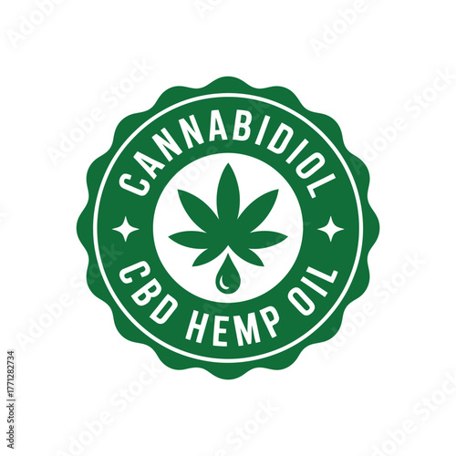 Green cannabidiol cbd hemp oil emblem with leaf and drop