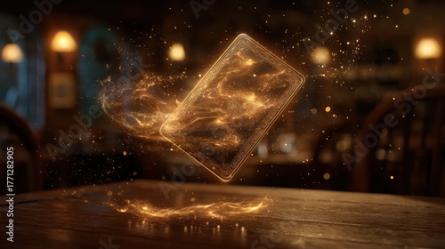 Surreal glowing card floating above table in cozy room magical atmosphere fantasy art enchanting viewpoint